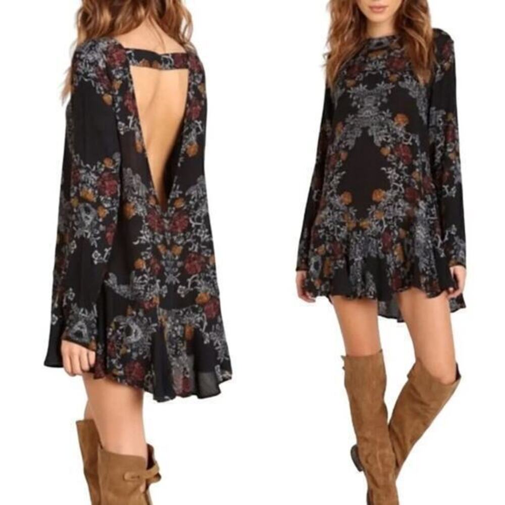 Free People Smooth Talker Floral Open Back Tunic Blouse XS Raven Black Festival